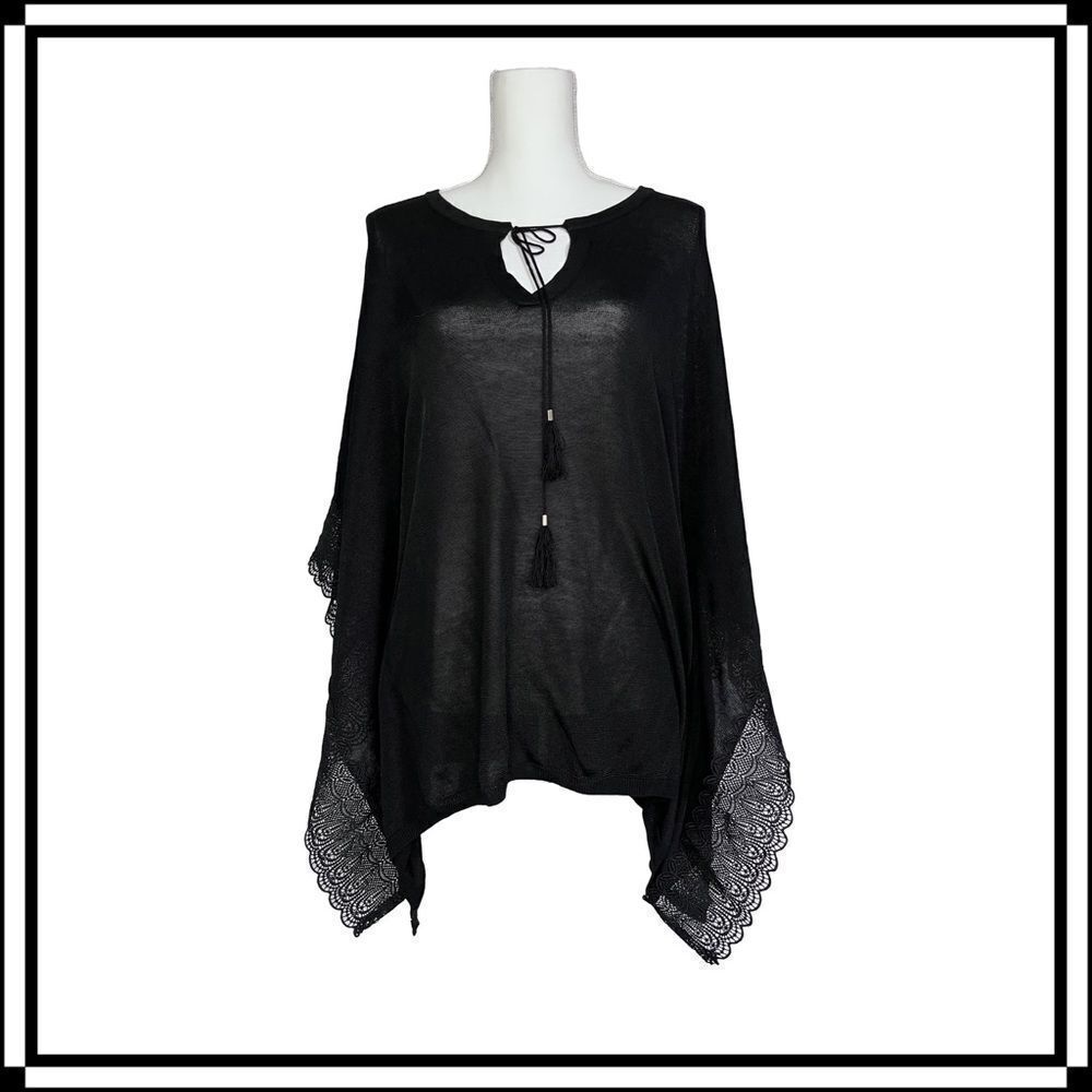 Like New! WHBM Lightweight Black Poncho with Lace Trim, size Med
